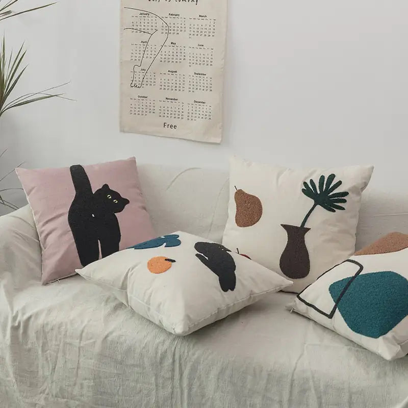 Cheeky Cat & Monstera Leaf Embroidered Cushion Cover Pfoten Plaza