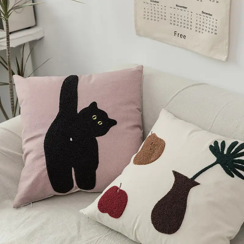 Cheeky Cat & Monstera Leaf Embroidered Cushion Cover Pfoten Plaza